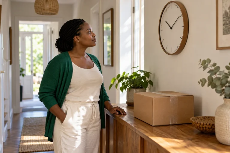 Woman checking a wall clock beside a sealed parcel in a home hallway. / Une femme regarde une horloge murale près d’un colis fermé dans une entrée.