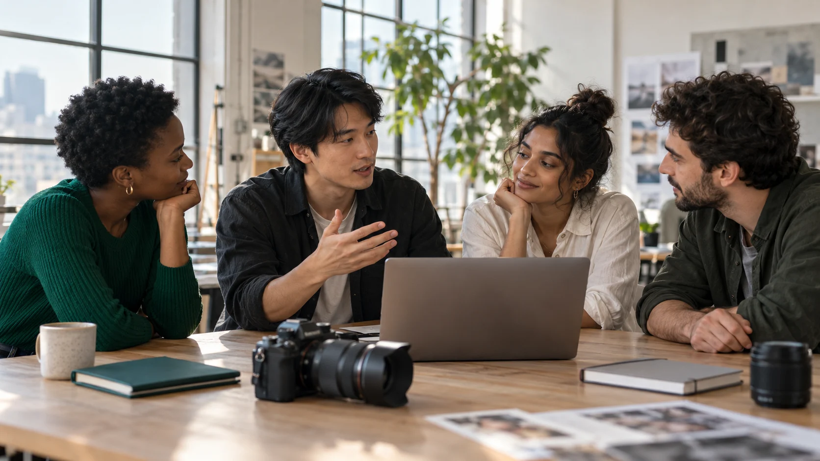 Four creators discuss a video project around a laptop and camera in a bright shared studio.