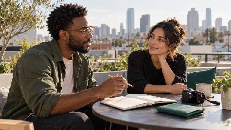 Two creators discuss ideas with a notebook and camera on a sunlit city rooftop.