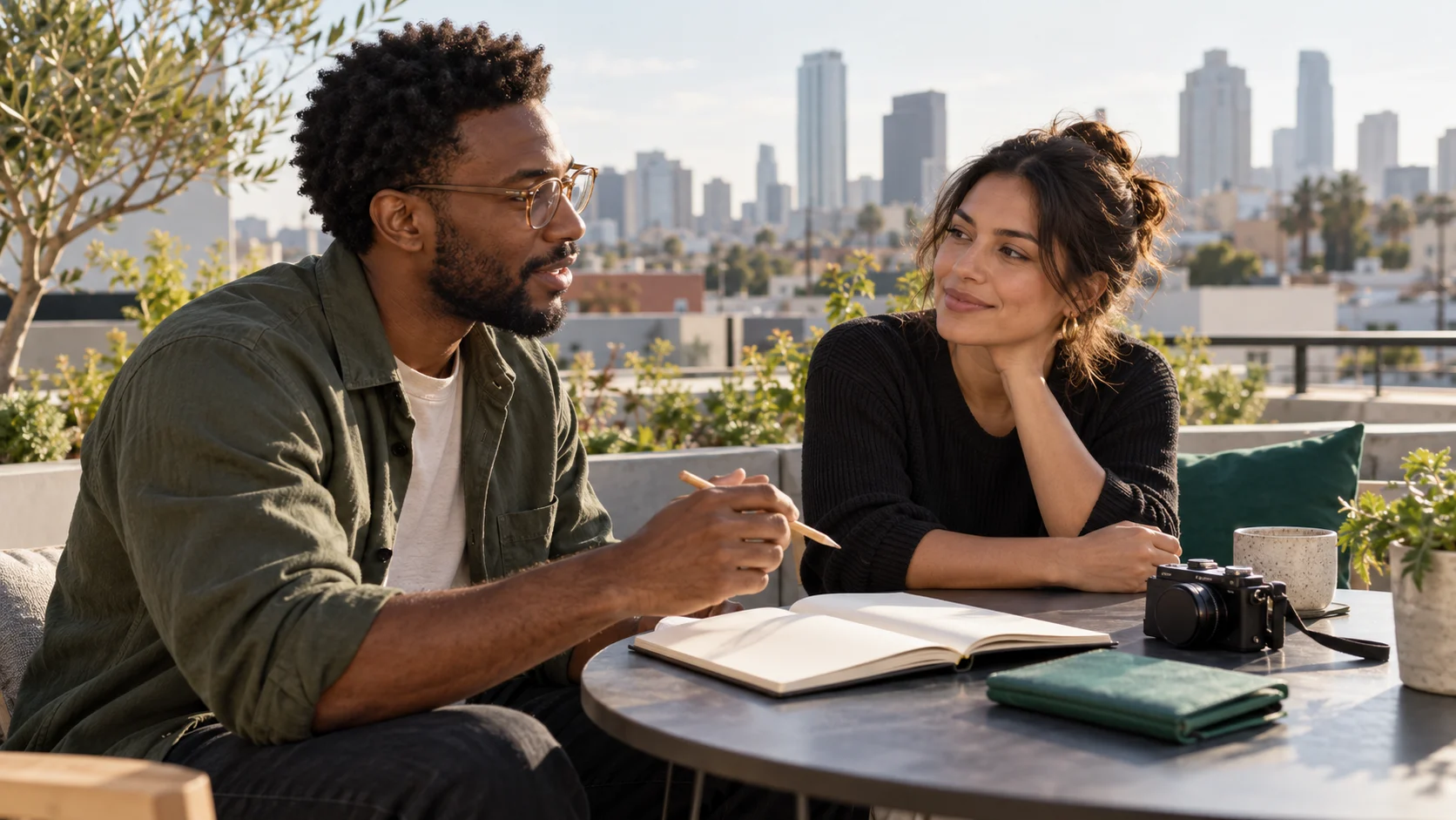 Two creators discuss ideas with a notebook and camera on a sunlit city rooftop.