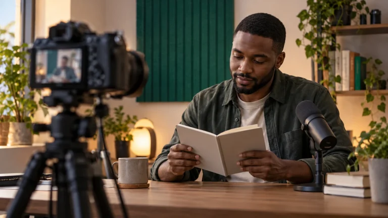 A video creator prepares notes at a desk with a camera and microphone ready for recording.