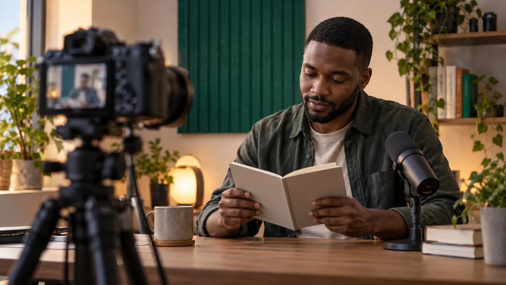 A video creator prepares notes at a desk with a camera and microphone ready for recording.