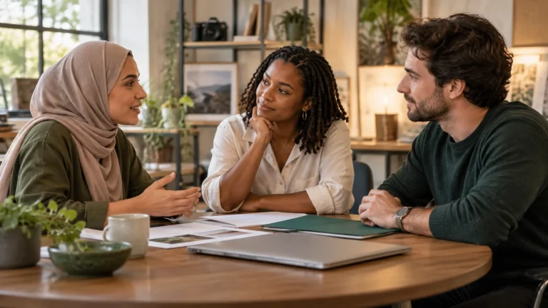 Three creative professionals discuss collaboration around documents and a closed laptop.