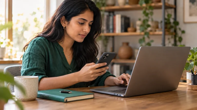 A creator checks her phone beside a laptop, with a small hardware security key on a green notebook.