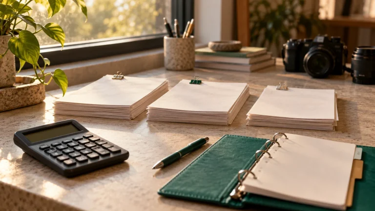 Blank illustrative document stacks, a calculator and a green binder arranged on a creator’s desk.