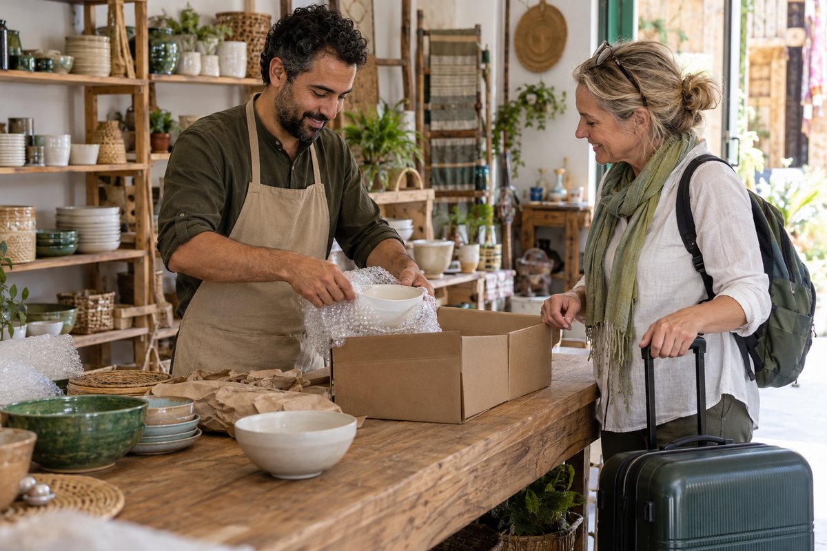 Un artisan et une voyageuse discutent de l’emballage d’un objet dans une petite boutique.