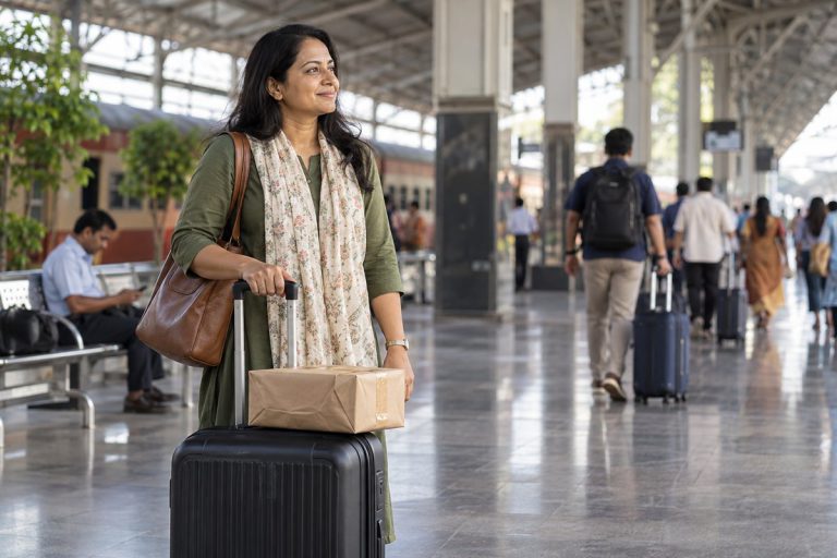 A traveler stands beside her suitcase and a small parcel in a railway concourse.