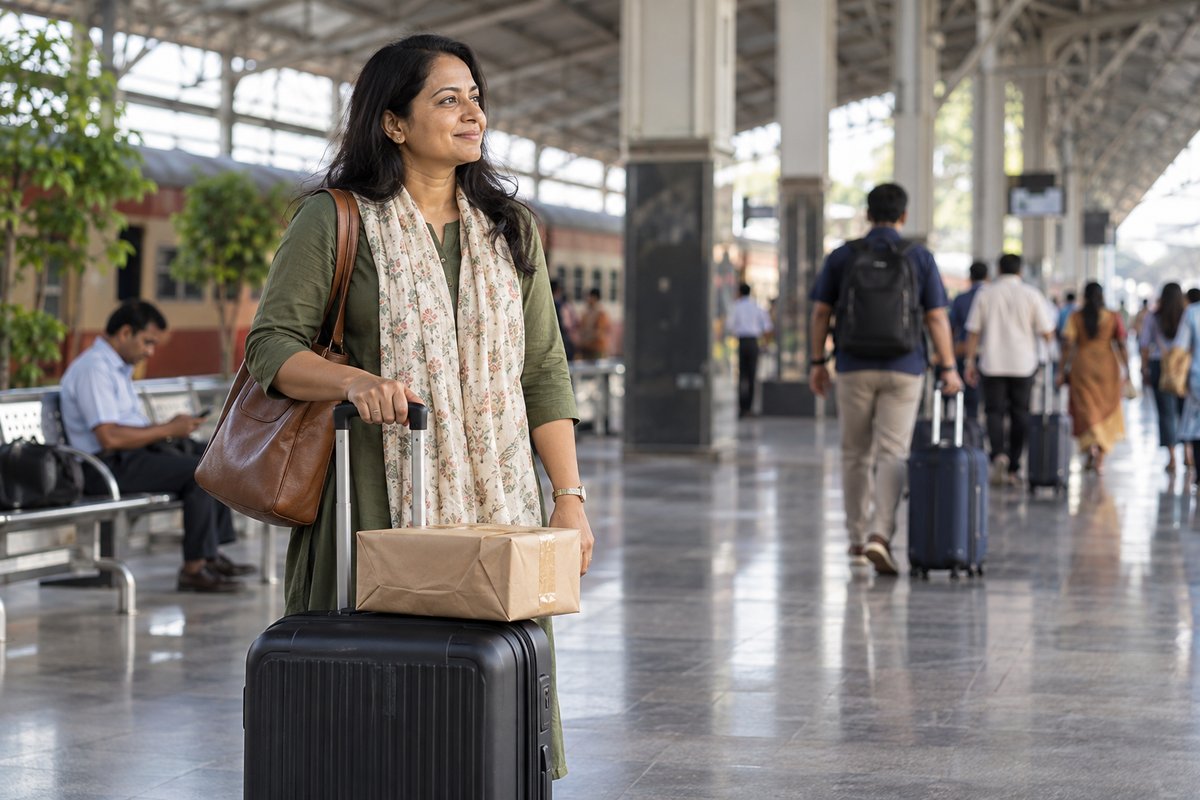 A traveler stands beside her suitcase and a small parcel in a railway concourse.