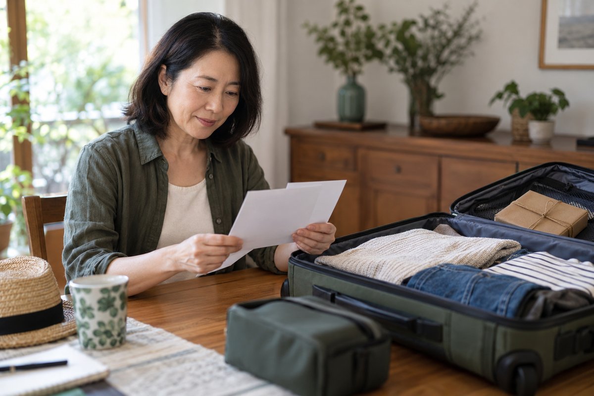 A traveler reviews papers beside an open suitcase and a small parcel before a journey.