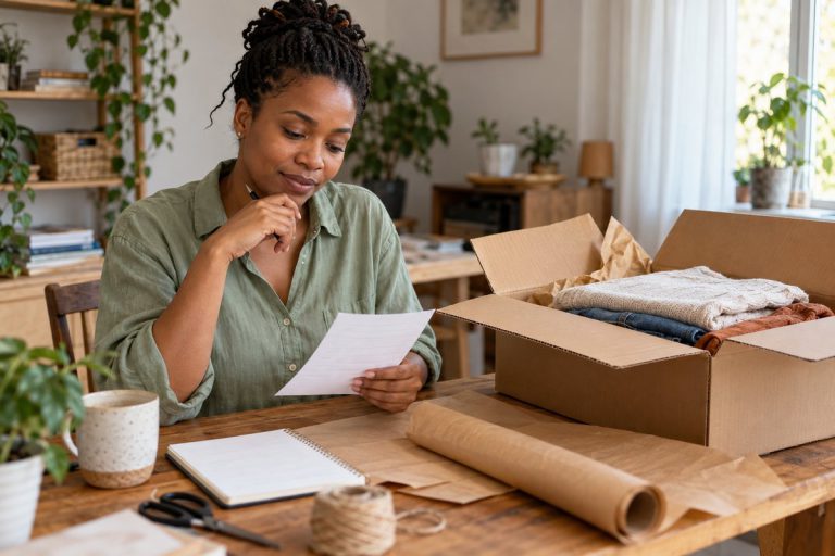 A woman prepares a parcel at a desk with an item list and packing materials.