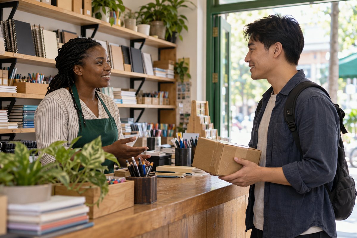 A customer with a parcel speaks with a shopkeeper at a neighborhood shop counter.
