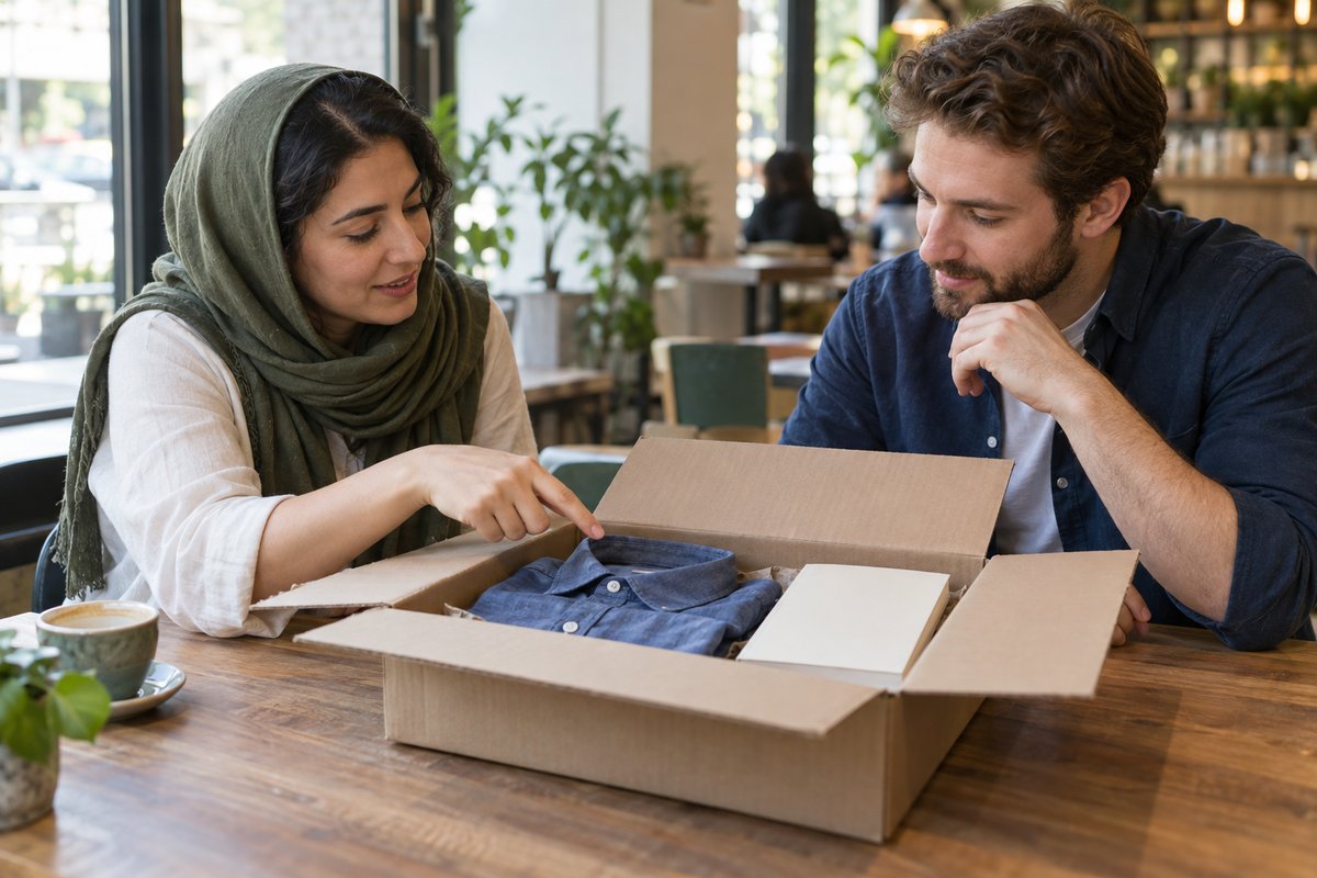 Two adults discuss the visible contents of an open parcel at a café table.