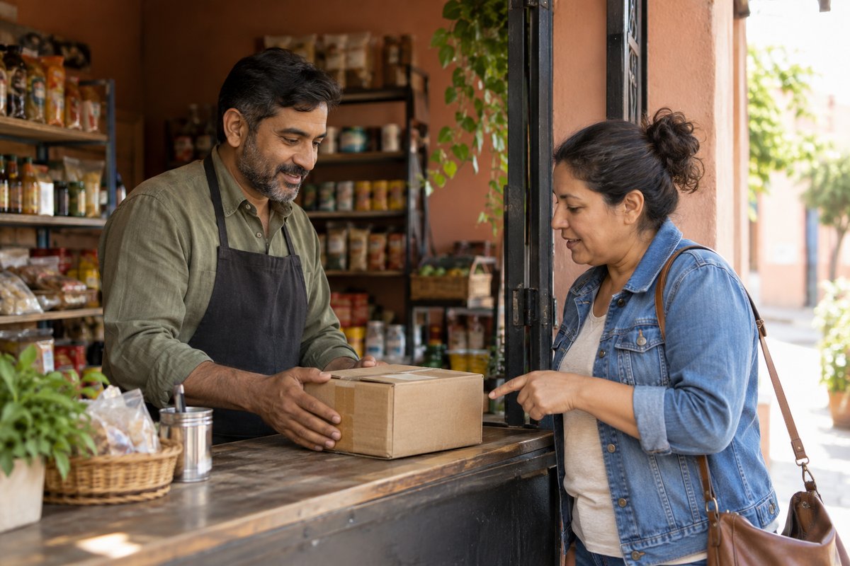 Une cliente et un commerçant échangent près d’un colis au comptoir d’une petite boutique.