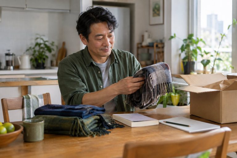 Un homme prépare un colis de vêtements à une table, avec un carnet et du matériel d’emballage.