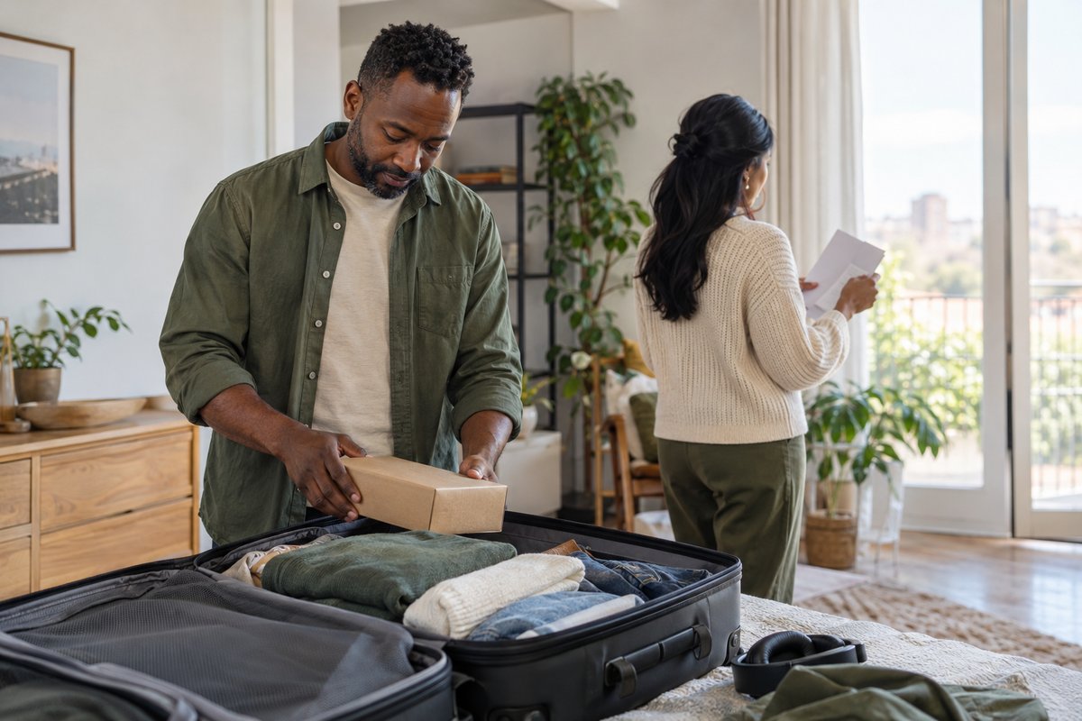 Deux adultes vérifient leurs bagages et des documents avant un voyage avec un petit colis.