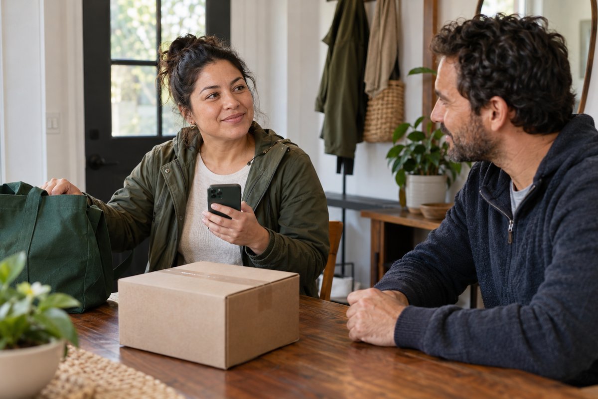 Two adults discuss a parcel at a table; one holds a phone beside a bag.