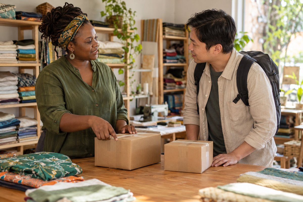 A small-business owner and a traveler discuss parcels in a modest textile studio.