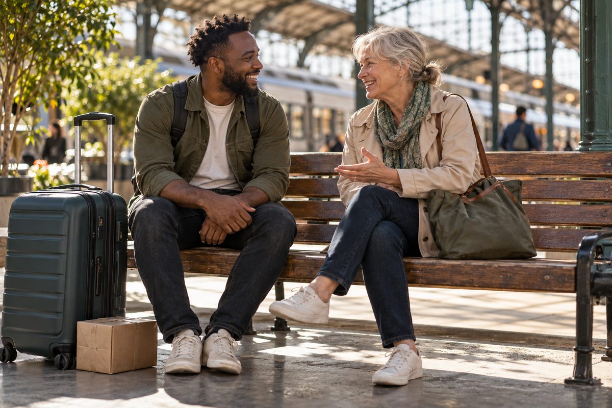 Two adult travelers share a conversation while waiting with their luggage.