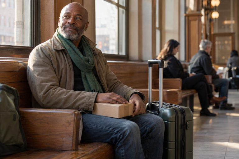 Un voyageur attend assis dans une gare avec sa valise et un petit colis sur les genoux.