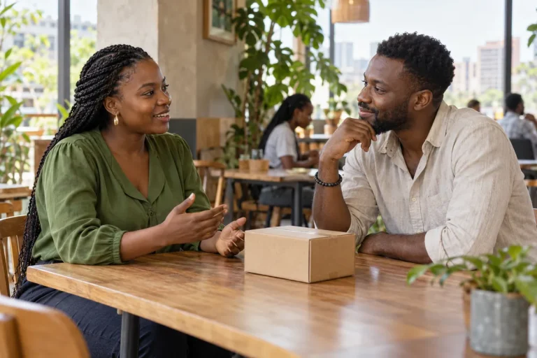 Two adults talking at a café table with a sealed parcel between them. / Deux adultes discutent à une table de café, avec un colis fermé entre eux.