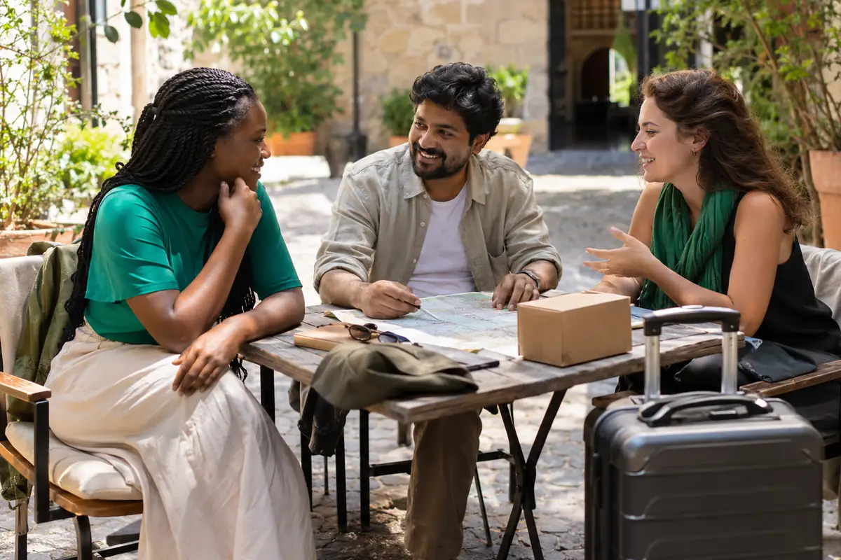 Three travelers talking around a courtyard table with a map, a small parcel and a suitcase.