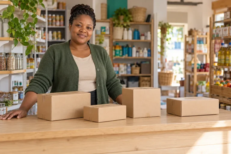 Shopkeeper standing behind four separate parcels on a neighborhood shop counter. / Une commerçante se tient derrière quatre colis séparés sur le comptoir d’une boutique de quartier.