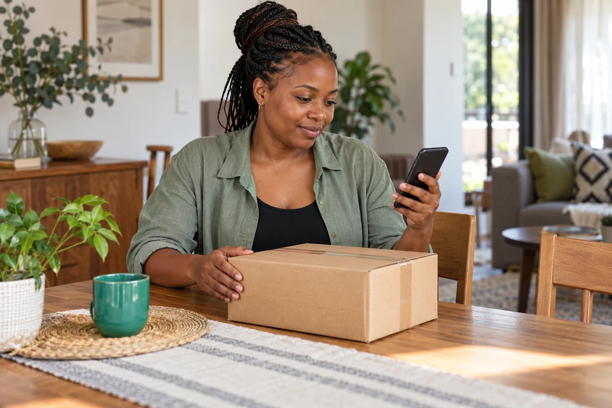 Woman checking her phone beside a sealed parcel on a table at home.