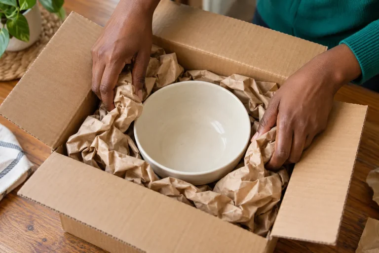 Hands cushioning a ceramic bowl with kraft paper inside a cardboard box. / Des mains calent un bol en céramique avec du papier kraft dans une boîte en carton.