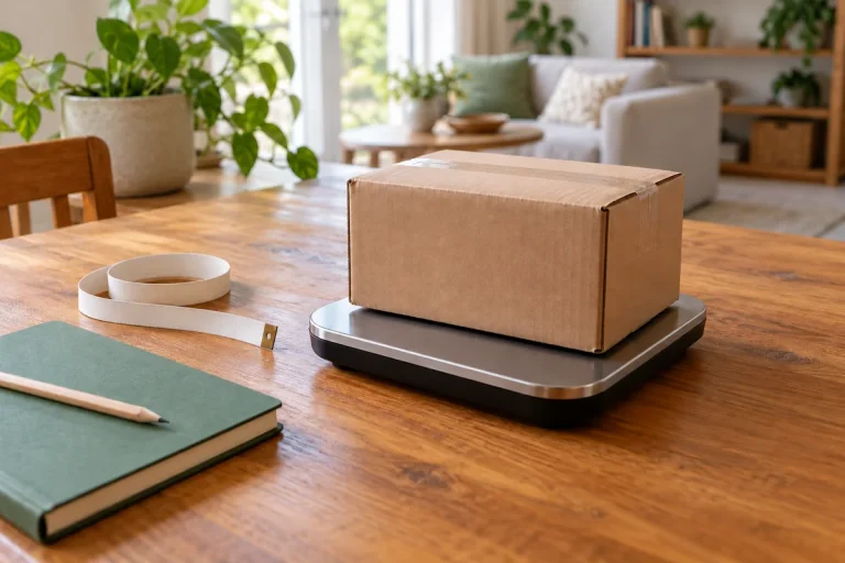 A sealed parcel on a kitchen scale beside a tape measure and green notebook. / Un colis fermé sur une balance de cuisine, à côté d’un mètre ruban et d’un carnet vert.