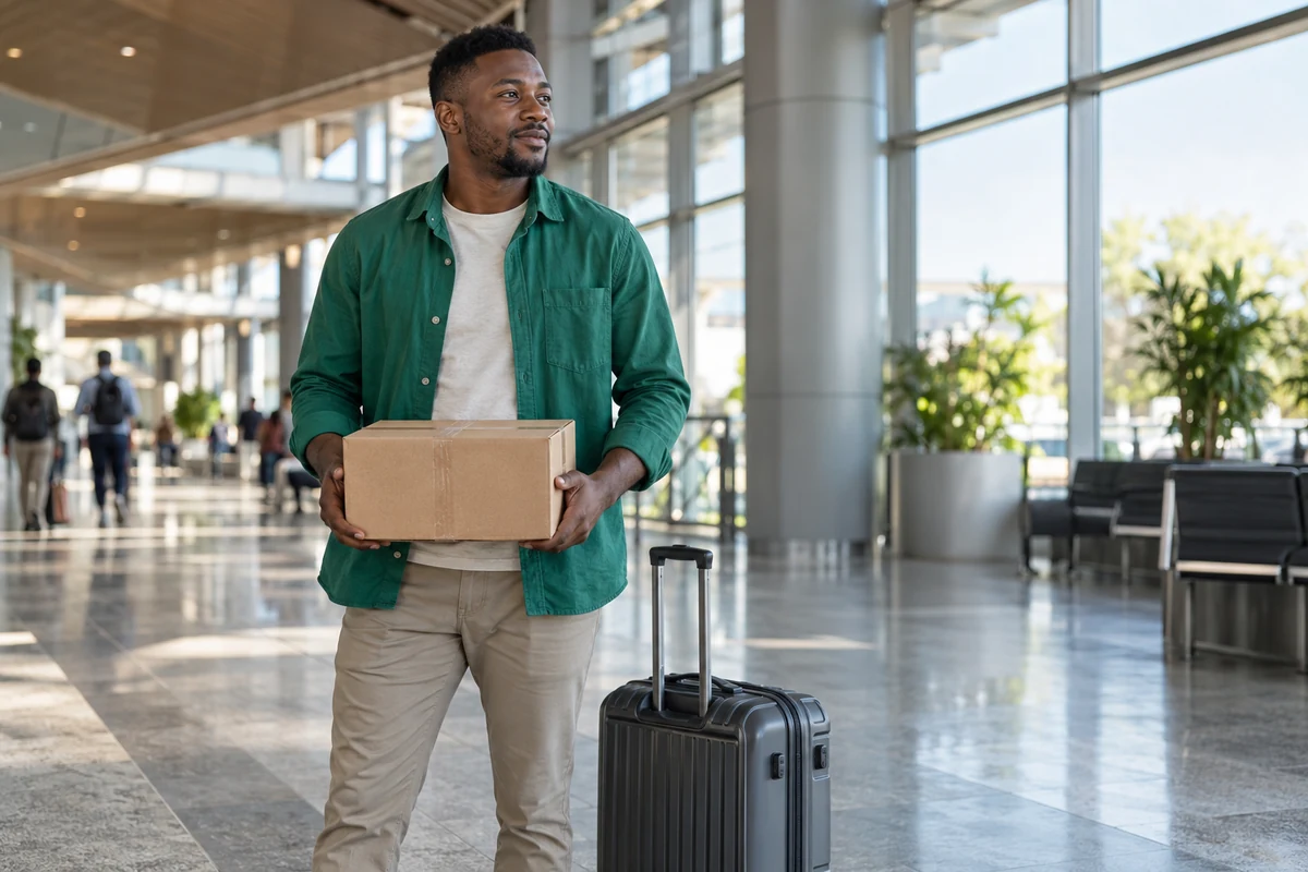 Traveler holding a sealed parcel beside a suitcase in a bright transport concourse. / Voyageur tenant un colis fermé à côté d’une valise dans un hall de transport lumineux.