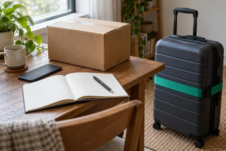 Sealed parcel, notebook and face-down phone beside a suitcase with a green strap. / Colis fermé, carnet et téléphone posé face cachée à côté d’une valise avec une sangle verte.
